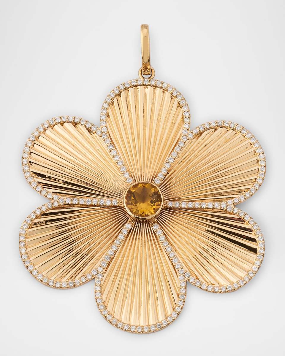 14K Yellow Gold Fluted Flower Diamond and Citrine Charm Necklace